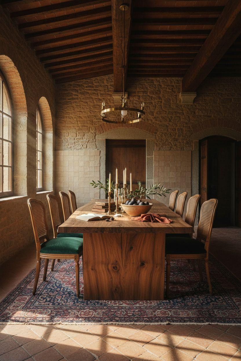 Bloxburg Dining Room - Tuscan dining room with live-edge walnut and velvet chairs