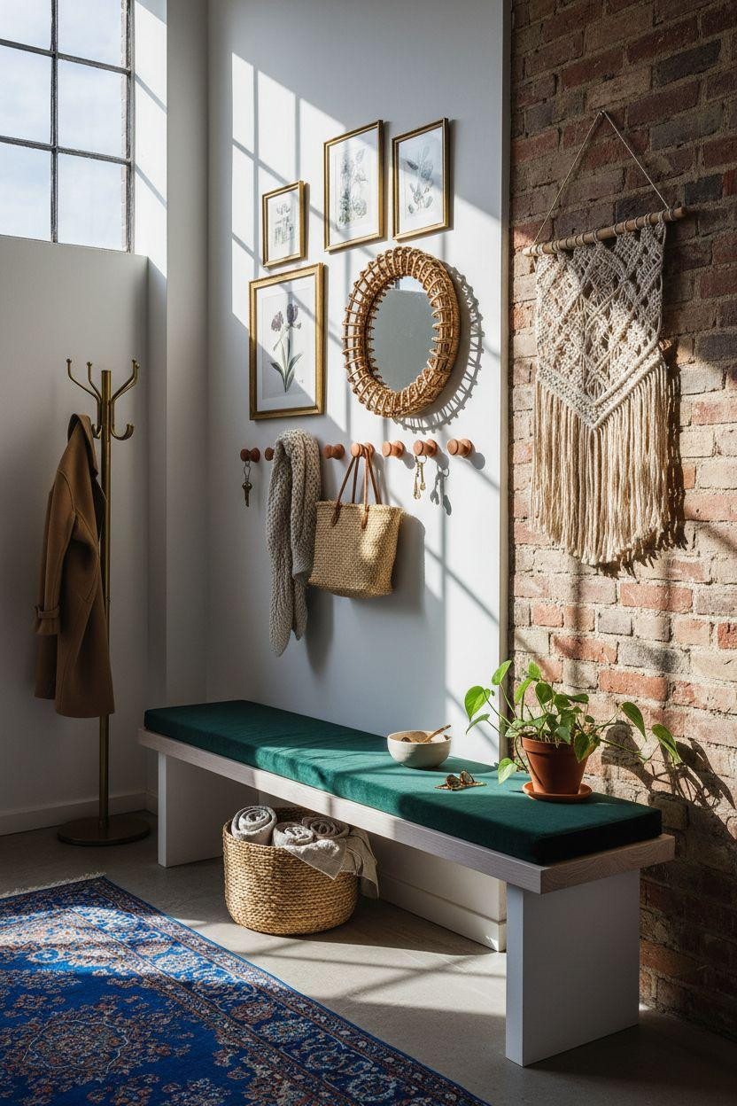 Bloxburg entryway with black steel pivot door and oak console
