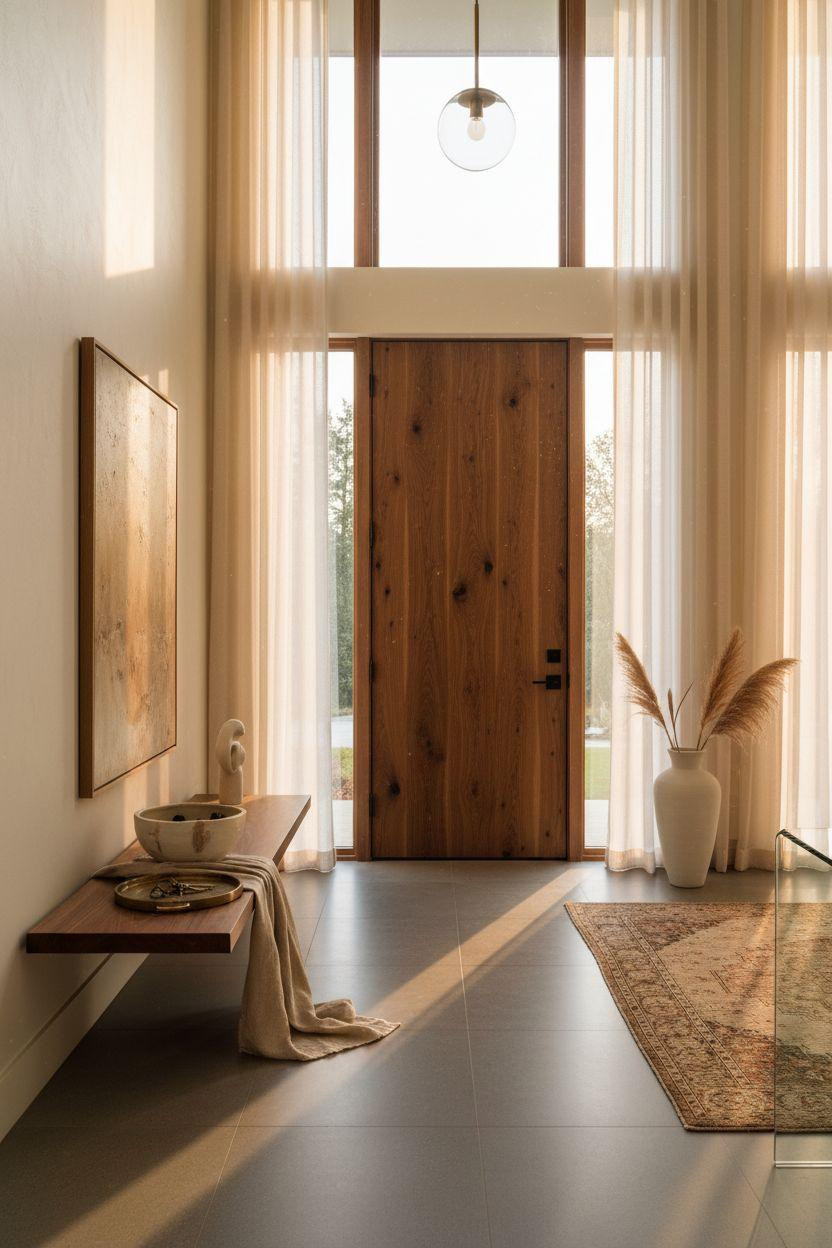 Bloxburg entryway with walnut pivot door and natural light