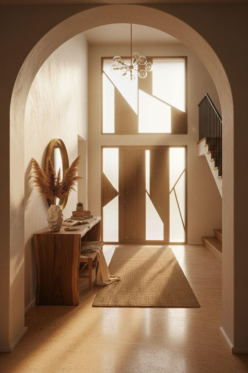 Bloxburg hallway with vintage Persian rug and carved console