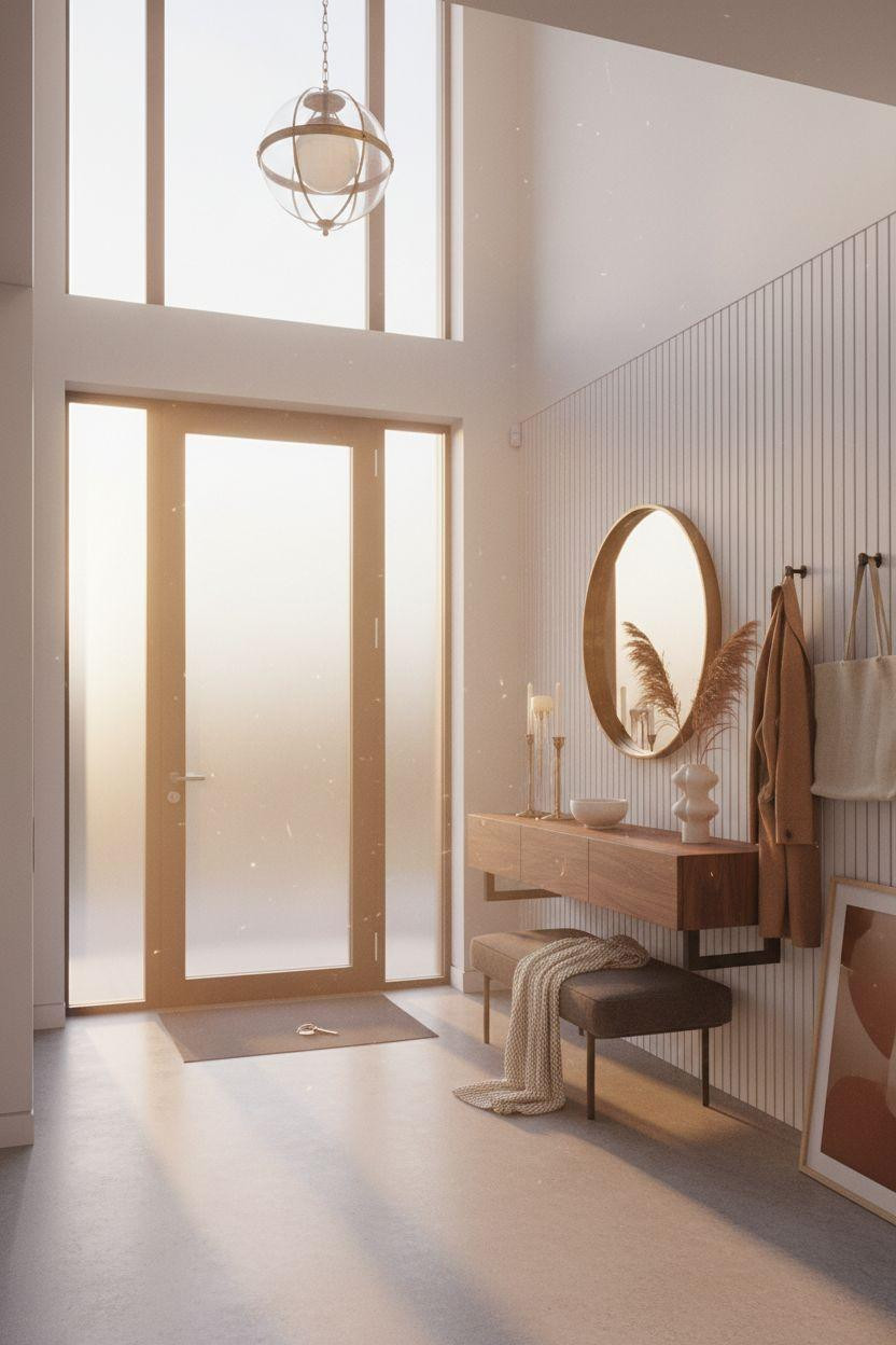 Bloxburg entryway with live-edge walnut table and geometric door