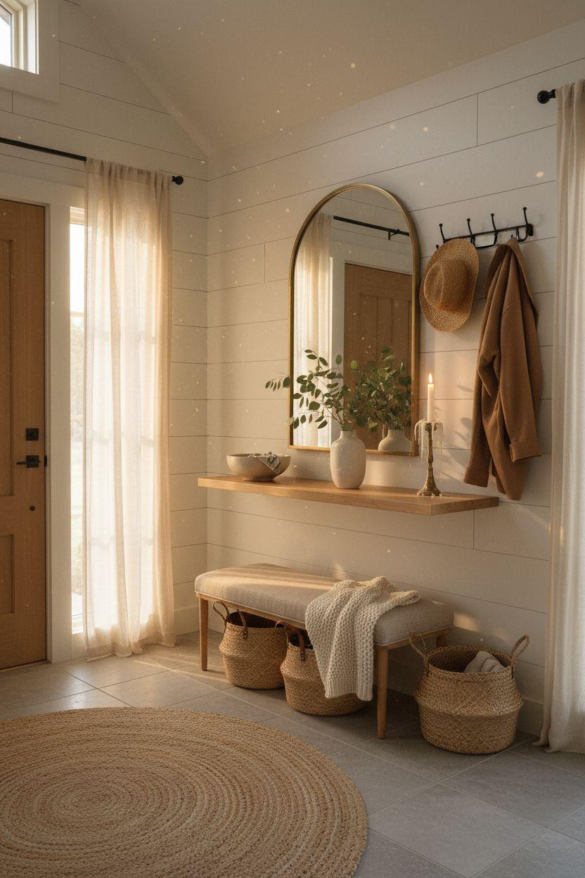 Bloxburg entryway with shiplap walls and jute accents