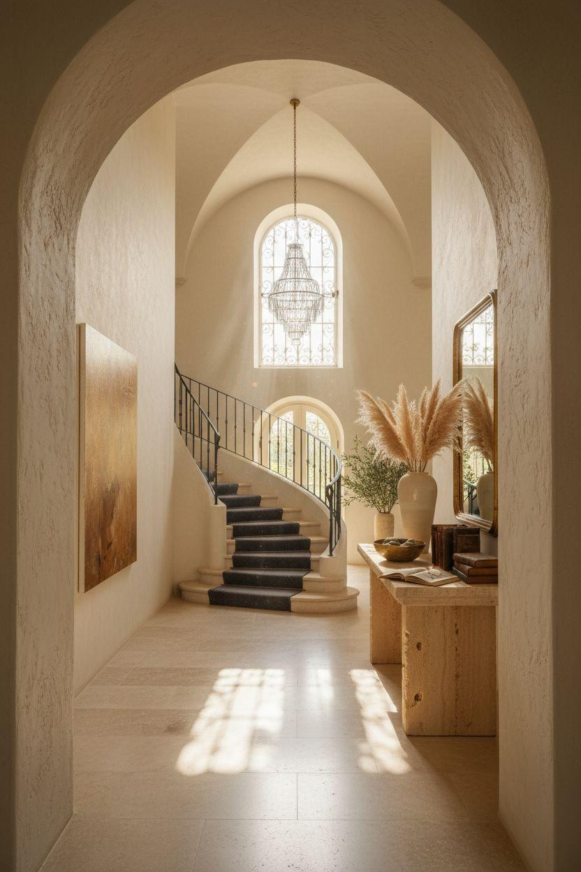 Bloxburg entryway with arched doorway and travertine console