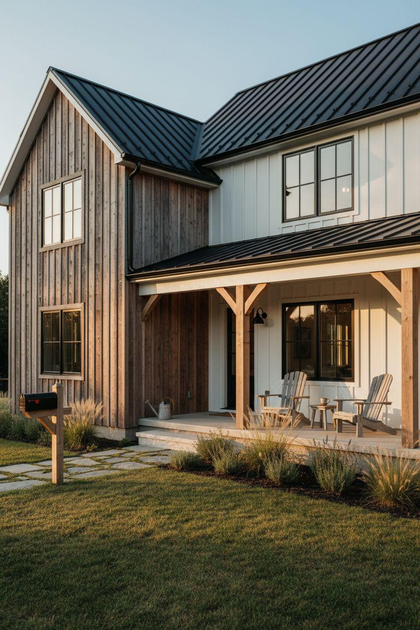 Bloxburg Farmhouse - weathered cedar and white modern cottage