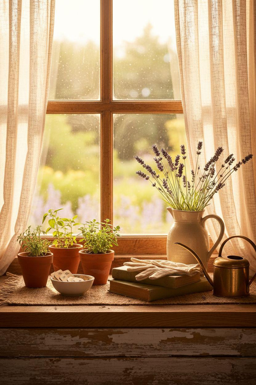 Bloxburg Farmhouse - charming window vignette with fresh herbs