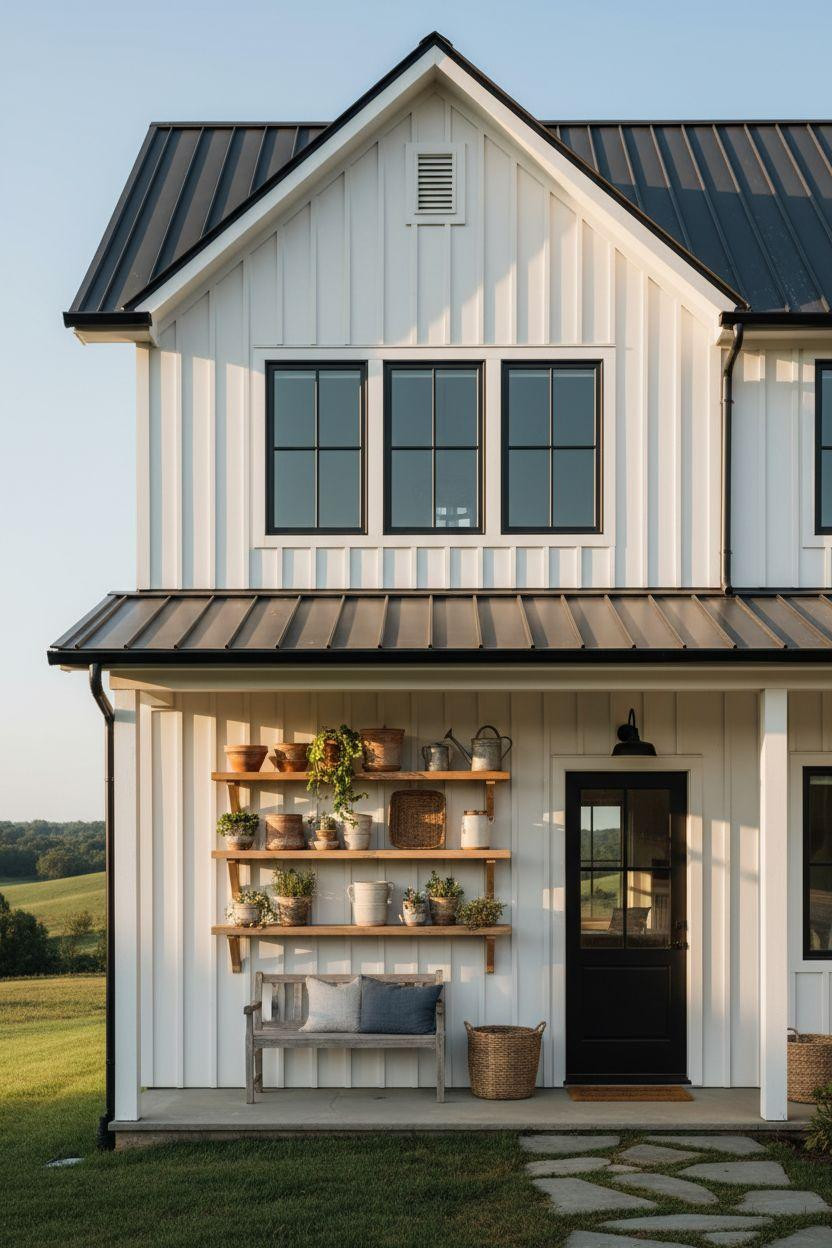 Bloxburg Farmhouse - charcoal and white elevation with open shelves