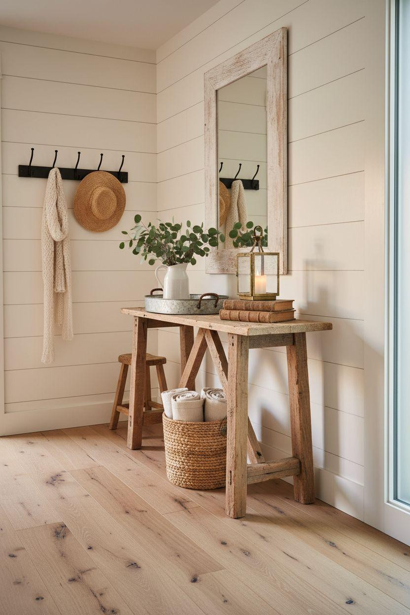 Bloxburg Farmhouse - rustic entry with weathered console