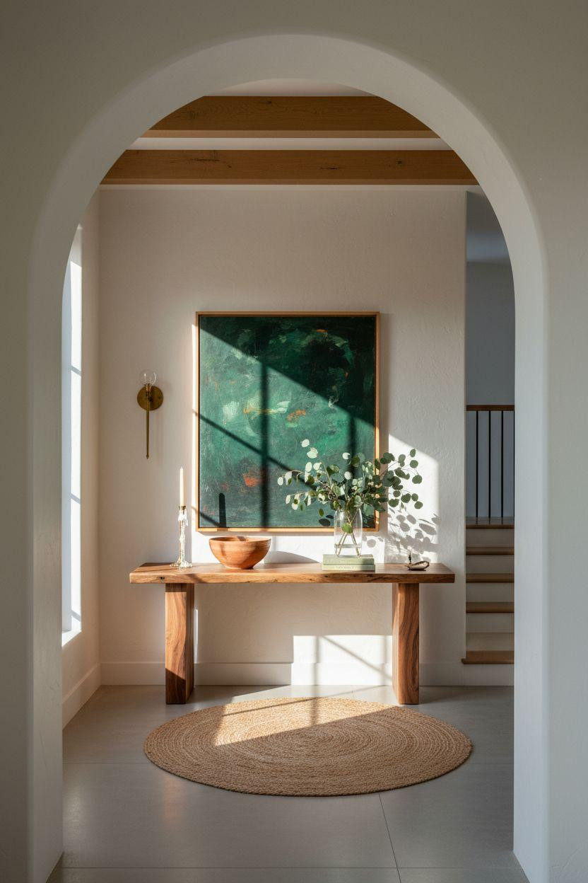Bloxburg Farmhouse - sophisticated arched entry with walnut console
