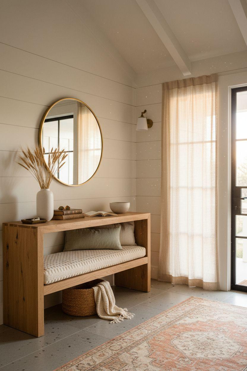 Bloxburg Farmhouse - architectural entry with floating bench