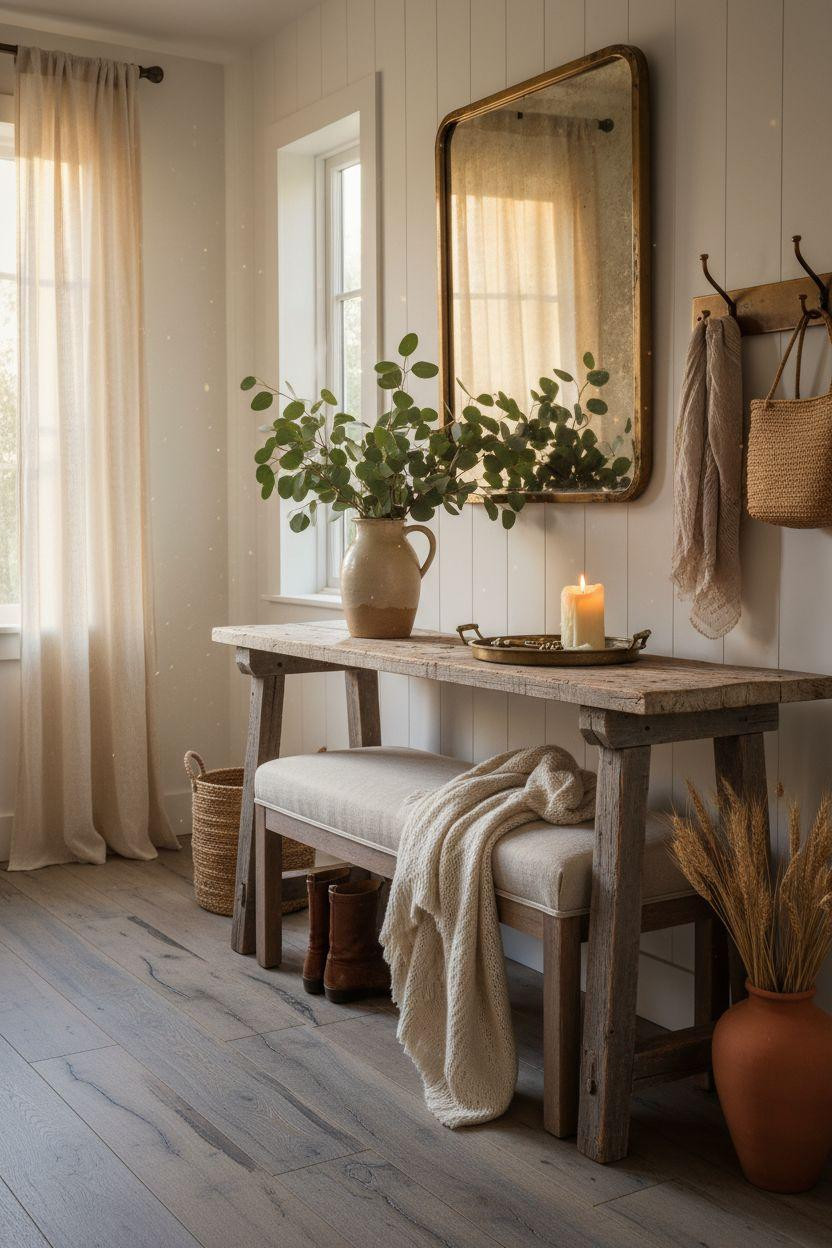 Bloxburg Farmhouse - welcoming entry with weathered console