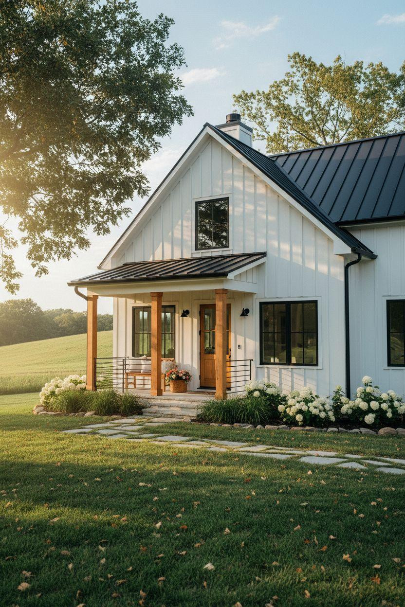 Bloxburg Farmhouse - serene white cottage with black accents