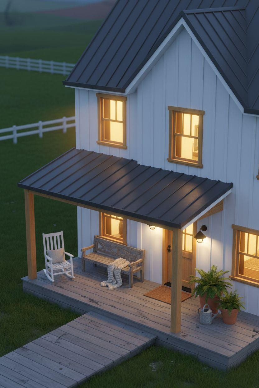 Bloxburg Farmhouse - modern two-story farmhouse at twilight