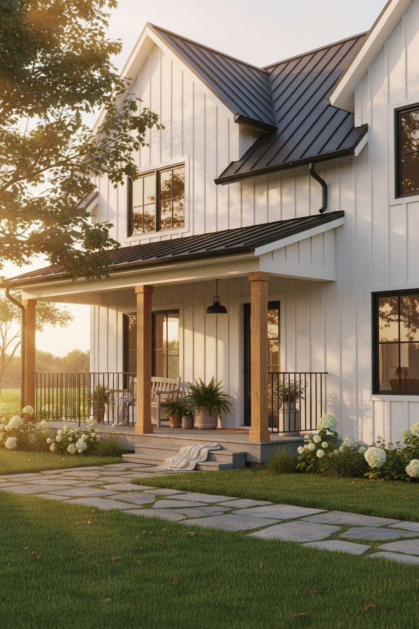 Bloxburg Farmhouse - white farmhouse glowing at golden hour