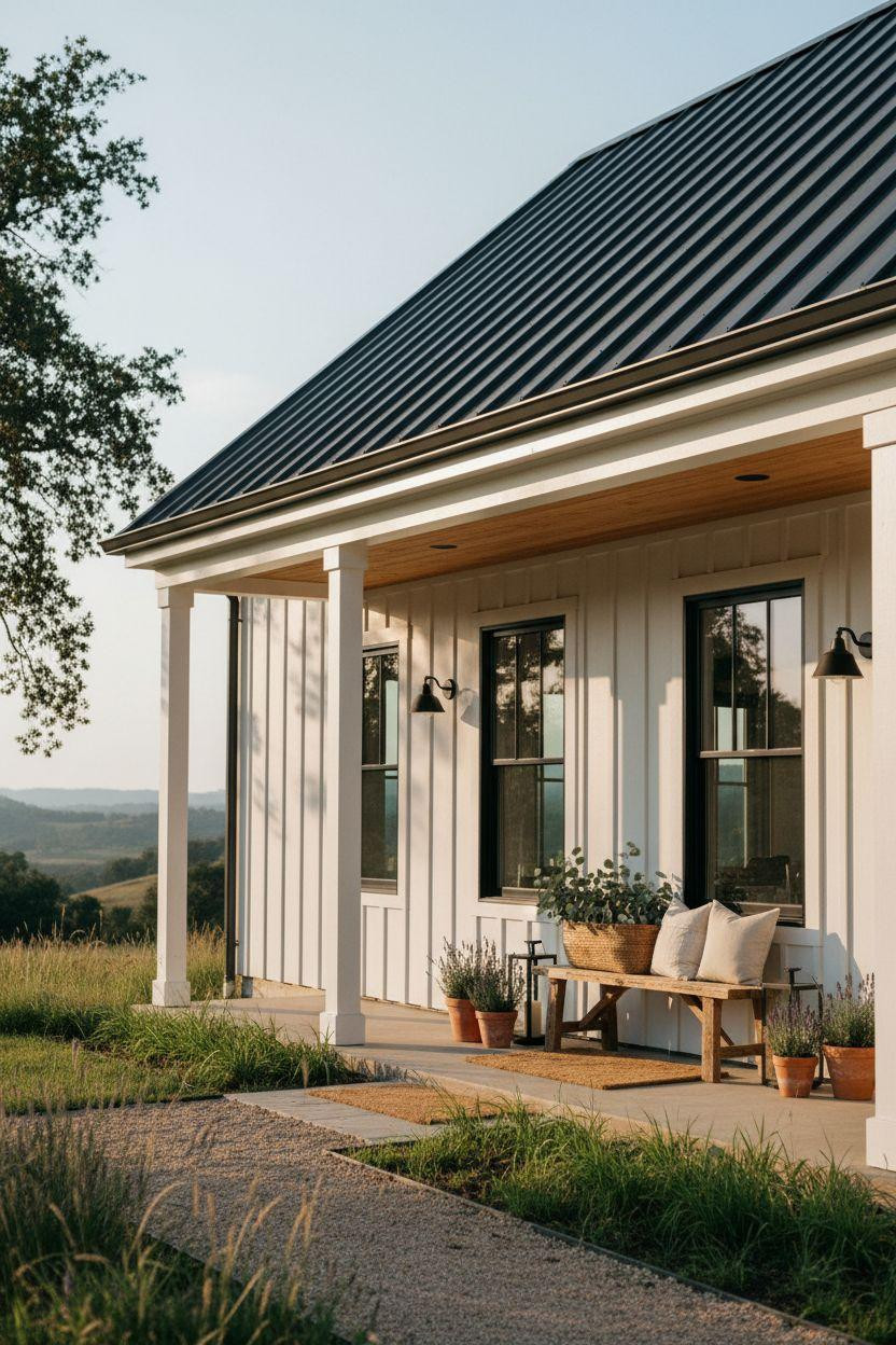 Bloxburg Farmhouse - crisp white exterior with oak ceiling porch