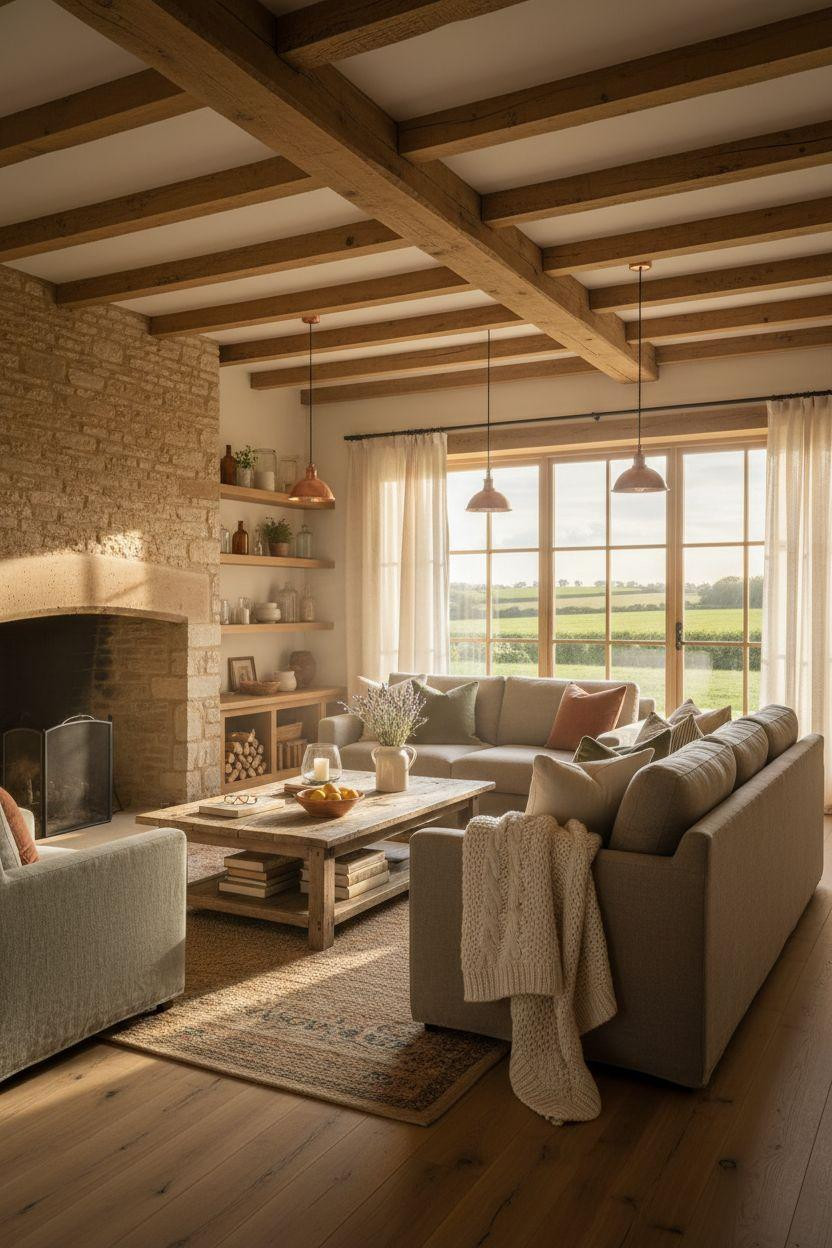 Bloxburg Farmhouse - sun-drenched living space with Belgian linen