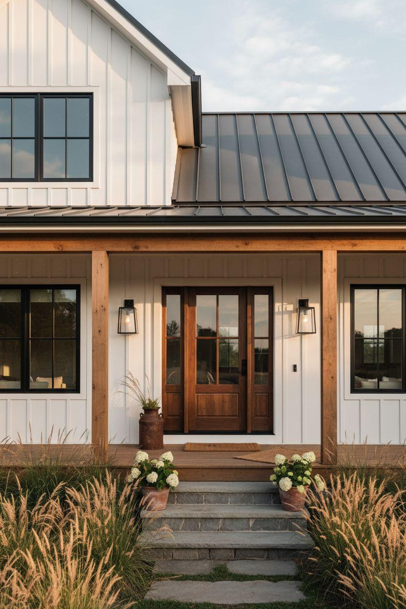 Bloxburg Farmhouse - warm white oak exterior at golden hour