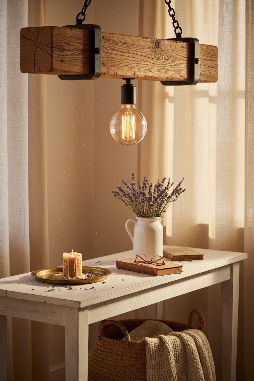 Bloxburg Farmhouse - handcrafted wood beam light fixture detail