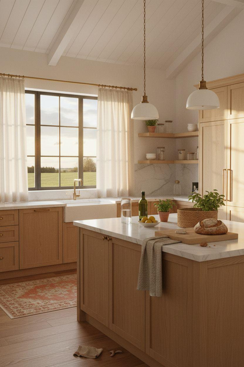 Bloxburg Kitchen Ideas - pale oak kitchen with marble island