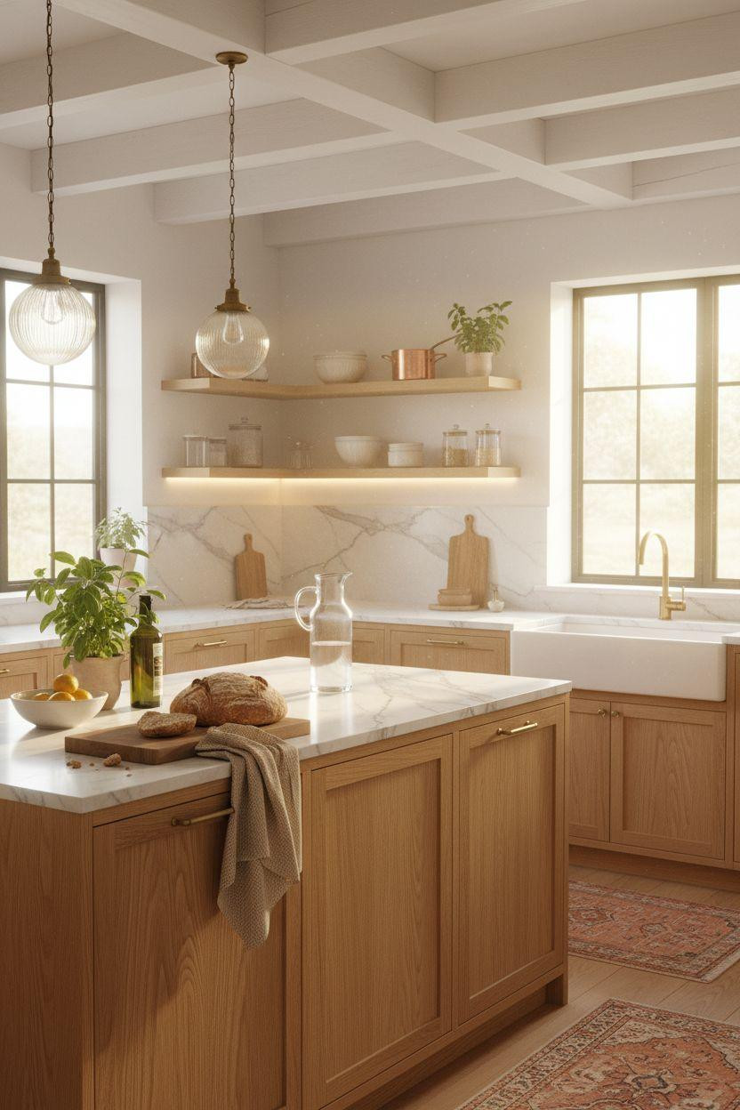 Bloxburg Kitchen Ideas - airy oak kitchen with floating shelves