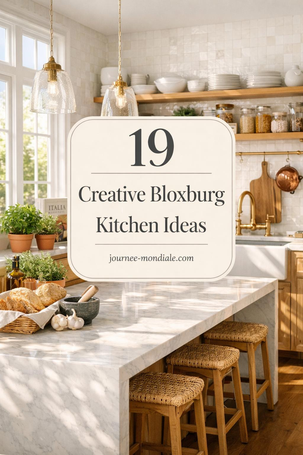 Sun-drenched Bloxburg-inspired kitchen featuring white oak shaker cabinets, honed Carrara marble island, handmade Zellige tile backsplash, brass fixtures, open shelving with dishware and herbs, pendant lights, and morning light creating airy warmth. Overlay text: '19 Creative Bloxburg Kitchen Ideas journee-mondiale.com' in refined serif font.