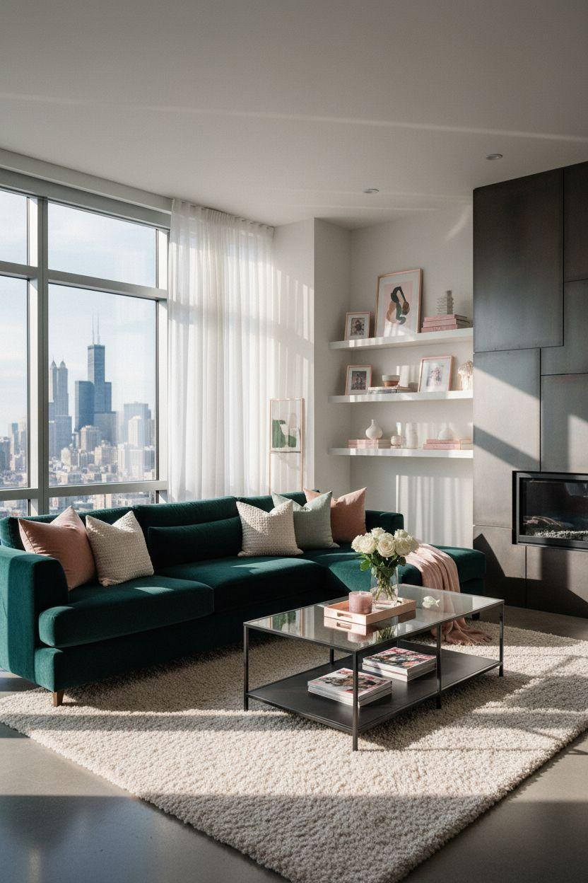 Living Room Bloxburg - emerald velvet with black steel fireplace