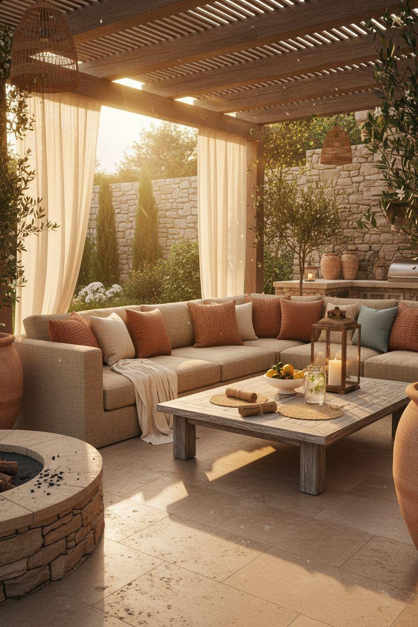 Bloxburg Summer House Ideas - backyard with fire pit and outdoor kitchen