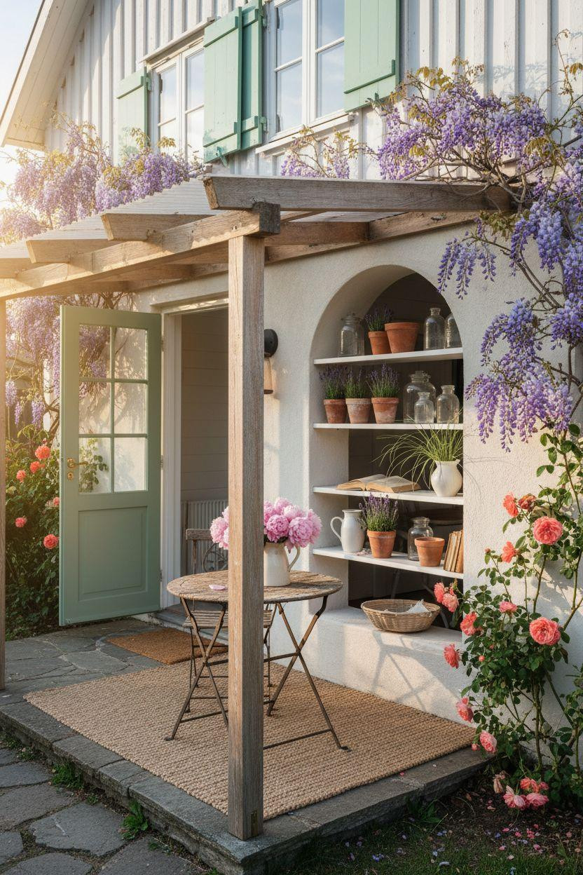 Bloxburg Summer House Ideas - cottage with wisteria and outdoor shelving