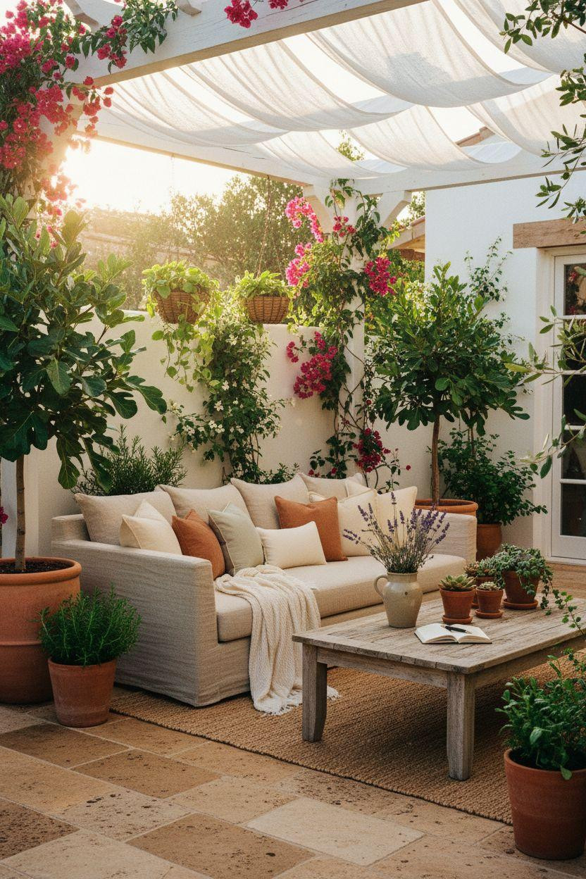 Bloxburg Summer House Ideas - Mediterranean backyard with pergola