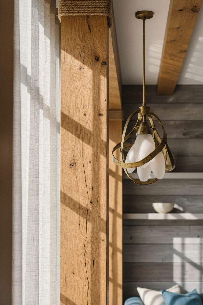 Bloxburg Summer House Ideas - interior with wood beams and brass fixtures