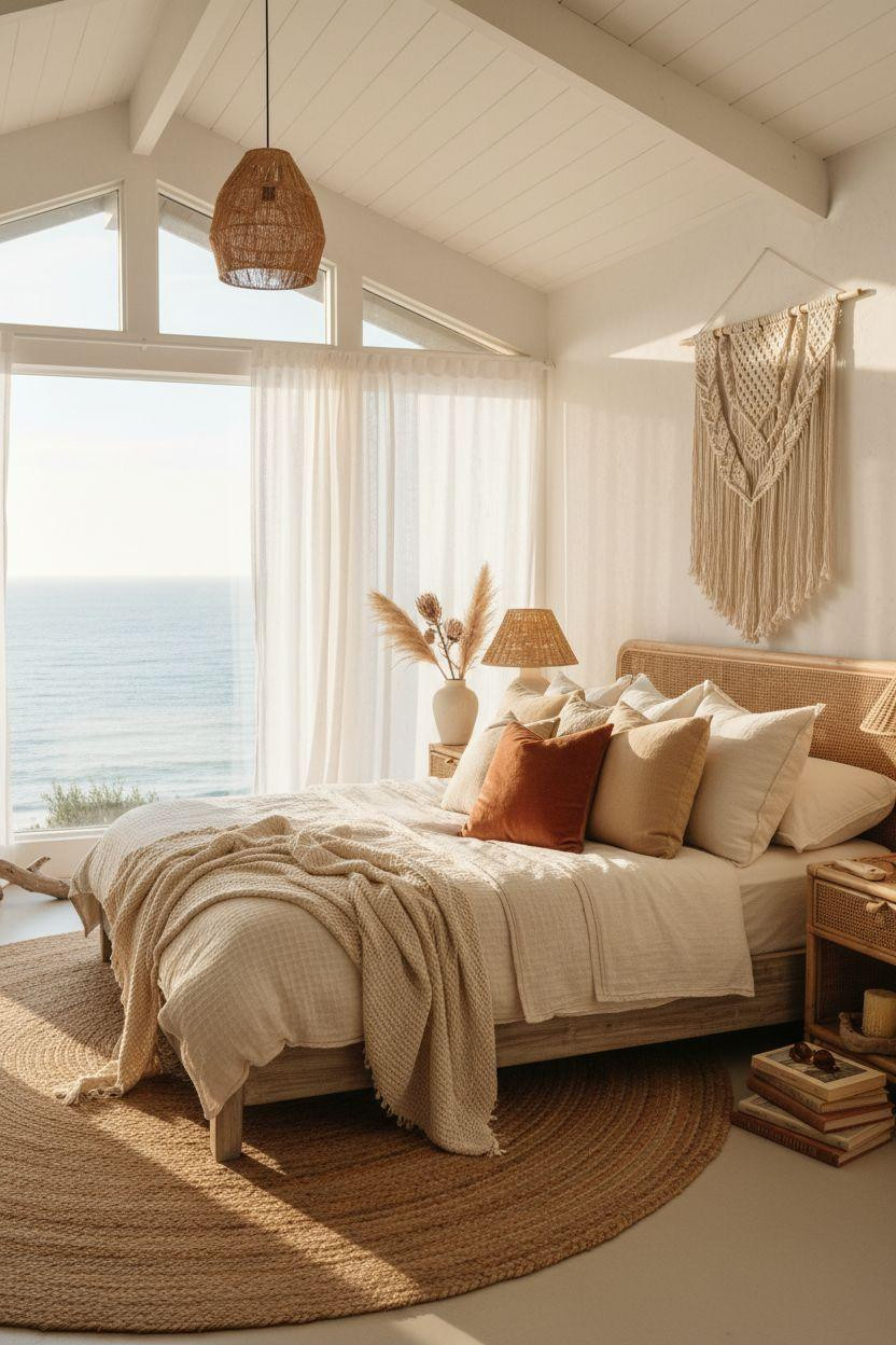 Boho Coastal Bedroom with large potted plants and botanical elements