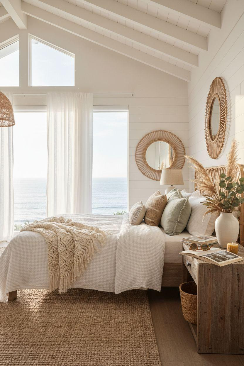 Boho Coastal Bedroom with high ceilings and expansive windows