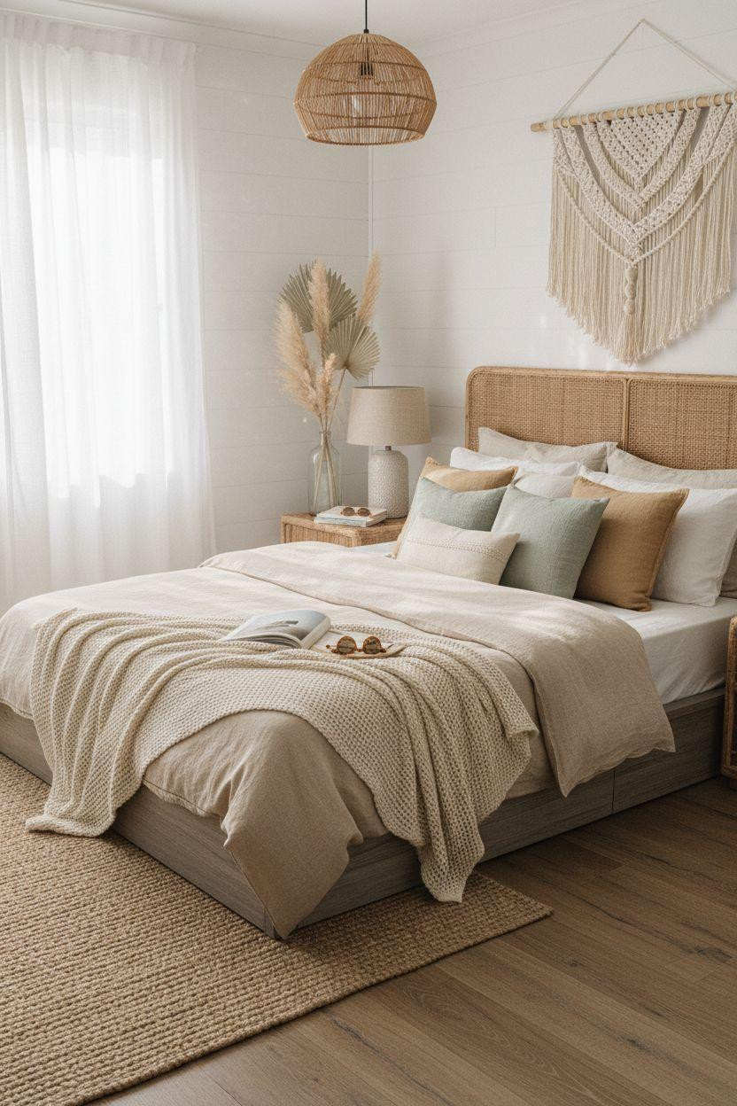 Boho Coastal Bedroom corner setup with natural textures and driftwood