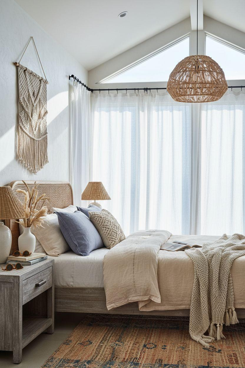 Boho Coastal Bedroom with flowing white curtains and natural wood bed