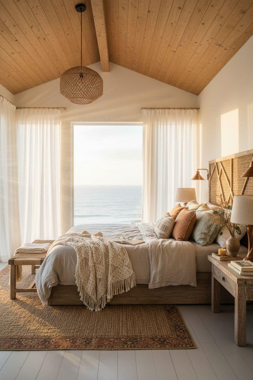 Boho Coastal Bedroom with low-profile bed frame and clean lines