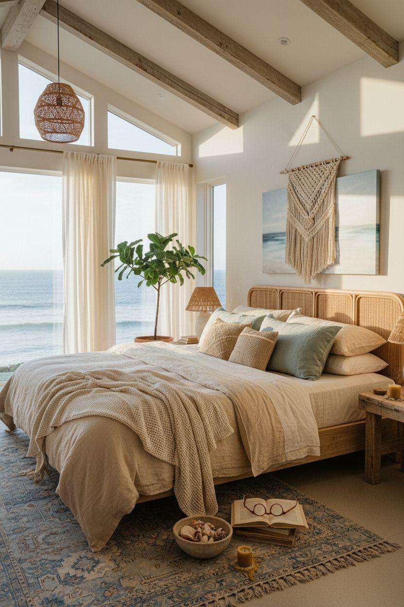 Boho Coastal Bedroom with woven headboard and textile wall hanging