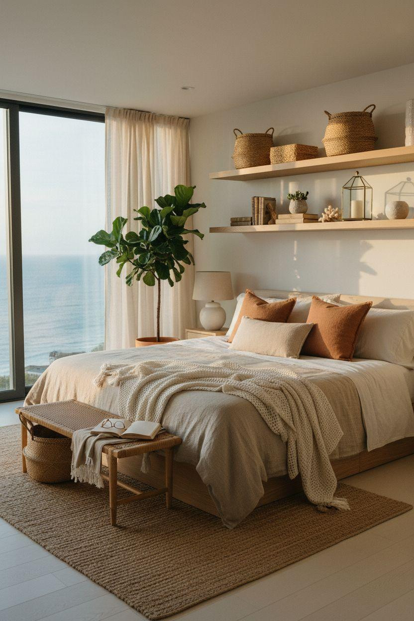 Boho Coastal Bedroom with floating shelves and woven storage