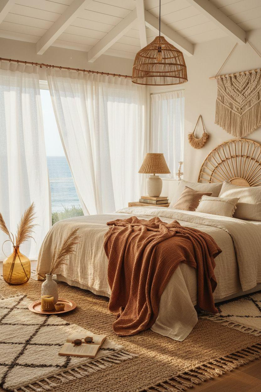 Boho Coastal Bedroom with warm metallic touches and terracotta accents