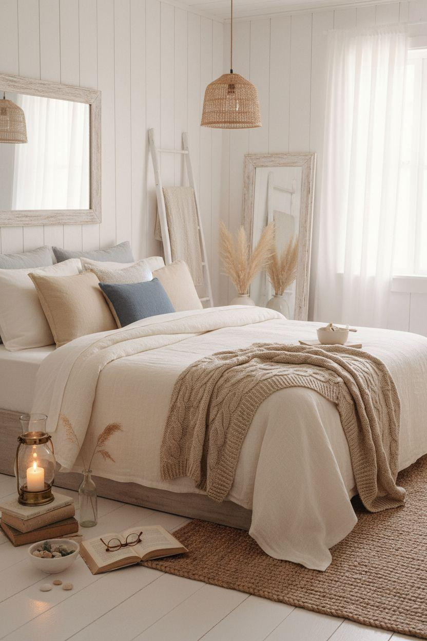 Boho Coastal Bedroom with aged brass lighting and romantic details