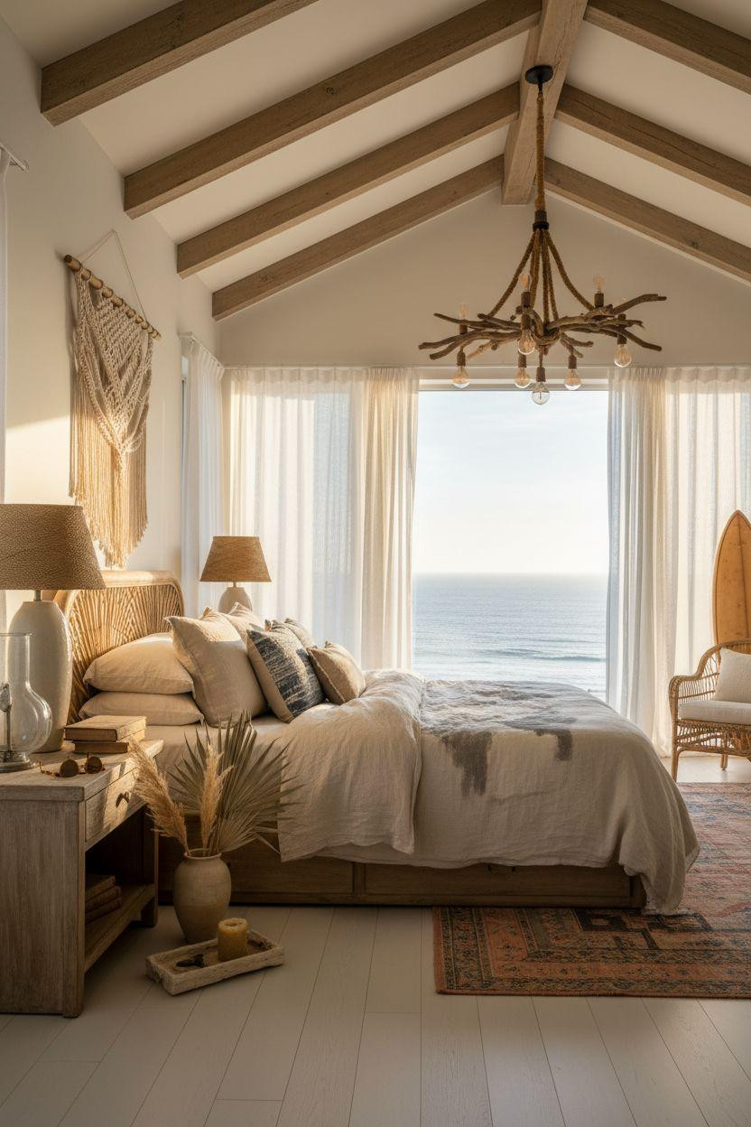 Boho Coastal Bedroom with sculptural driftwood lighting fixture