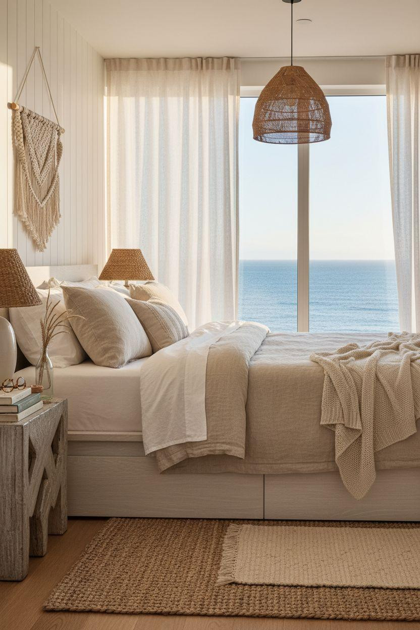 Boho Coastal Bedroom with neutral palette and light wood tones