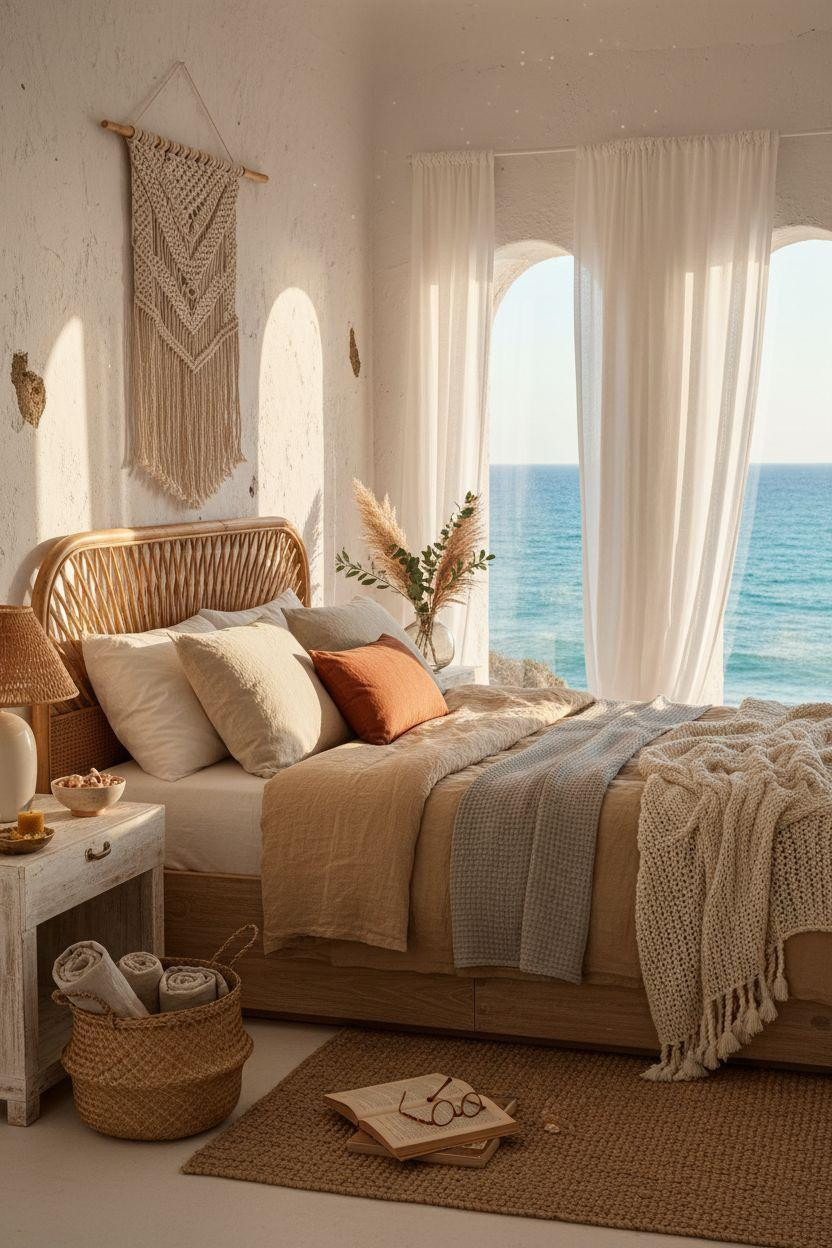 Boho Coastal Bedroom with arched architectural windows