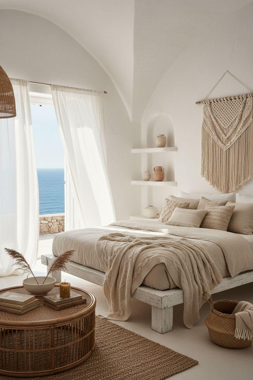 Boho Coastal Bedroom with whitewashed plaster walls and Mediterranean style