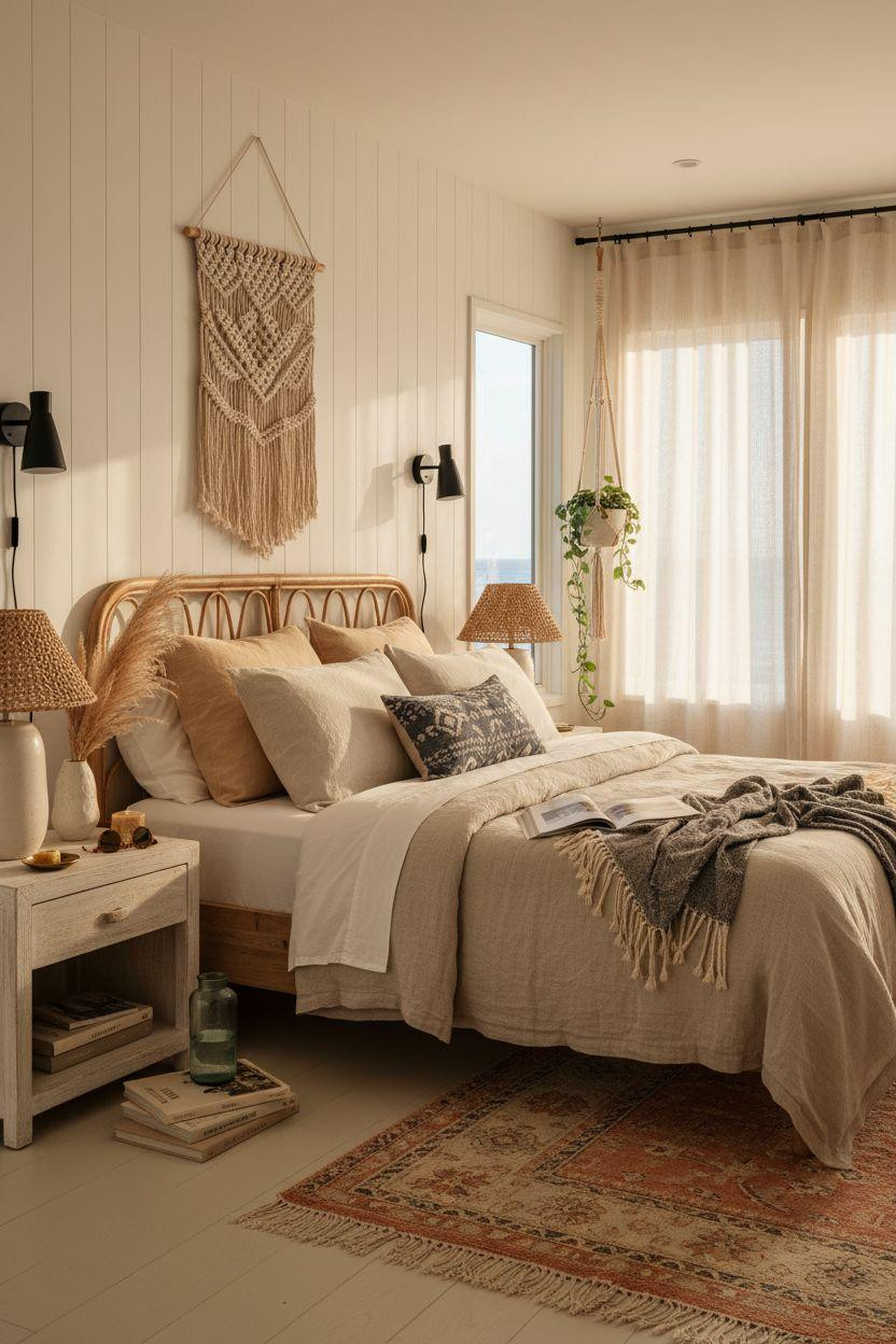 Boho Coastal Bedroom featuring large-scale macramé wall piece