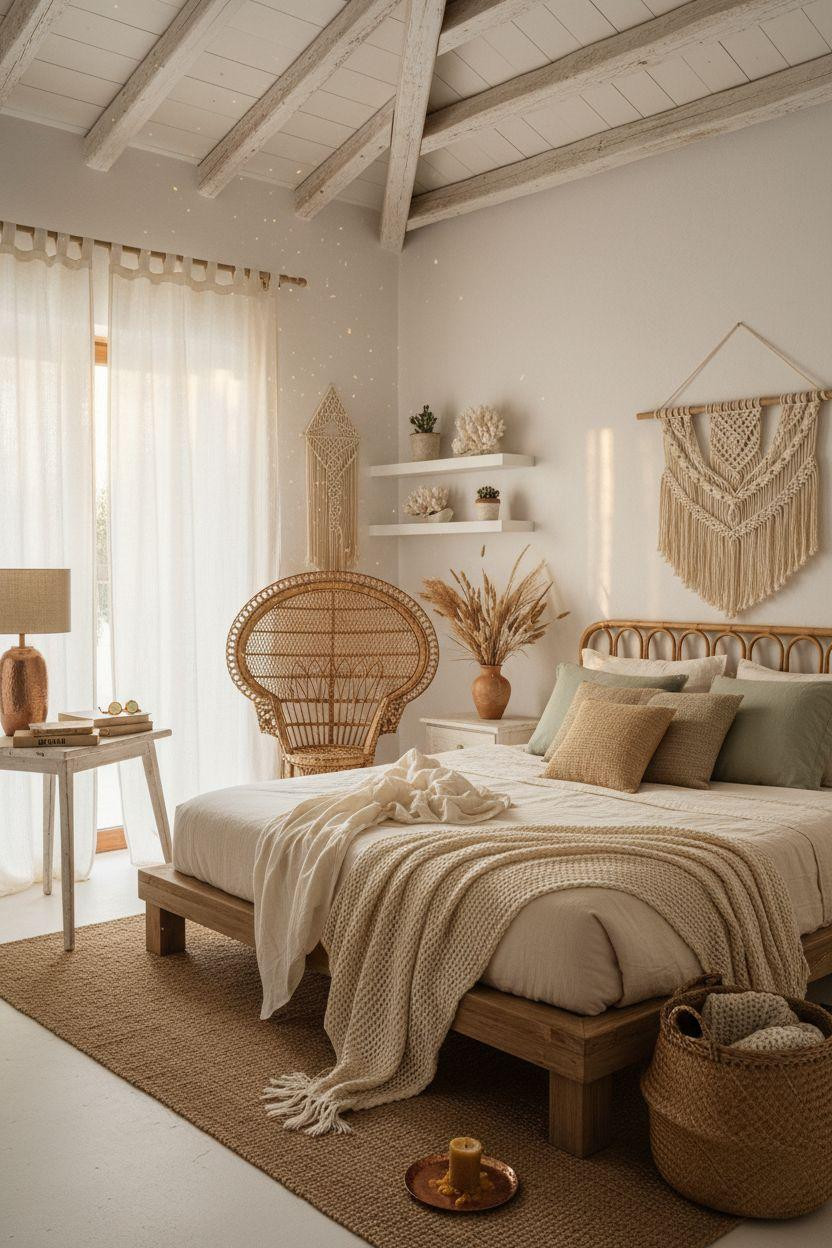 Boho Coastal Bedroom with iconic peacock rattan chair and vintage details