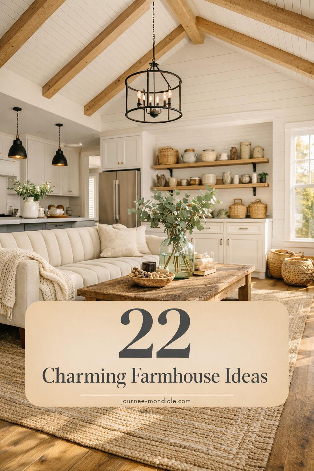 Spacious open-concept living area with vaulted white oak beams, warm white shiplap walls, and large windows allowing morning light to flood in. Features cream channel-tufted linen sofa, reclaimed wood coffee table, natural jute rug, and curated accessories like woven baskets and eucalyptus stems. Background kitchen showcases white shaker cabinets, honed Carrara marble counters, and brass hardware. Subtle overlay reads 22 Charming Farmhouse Ideas in refined serif typography.
