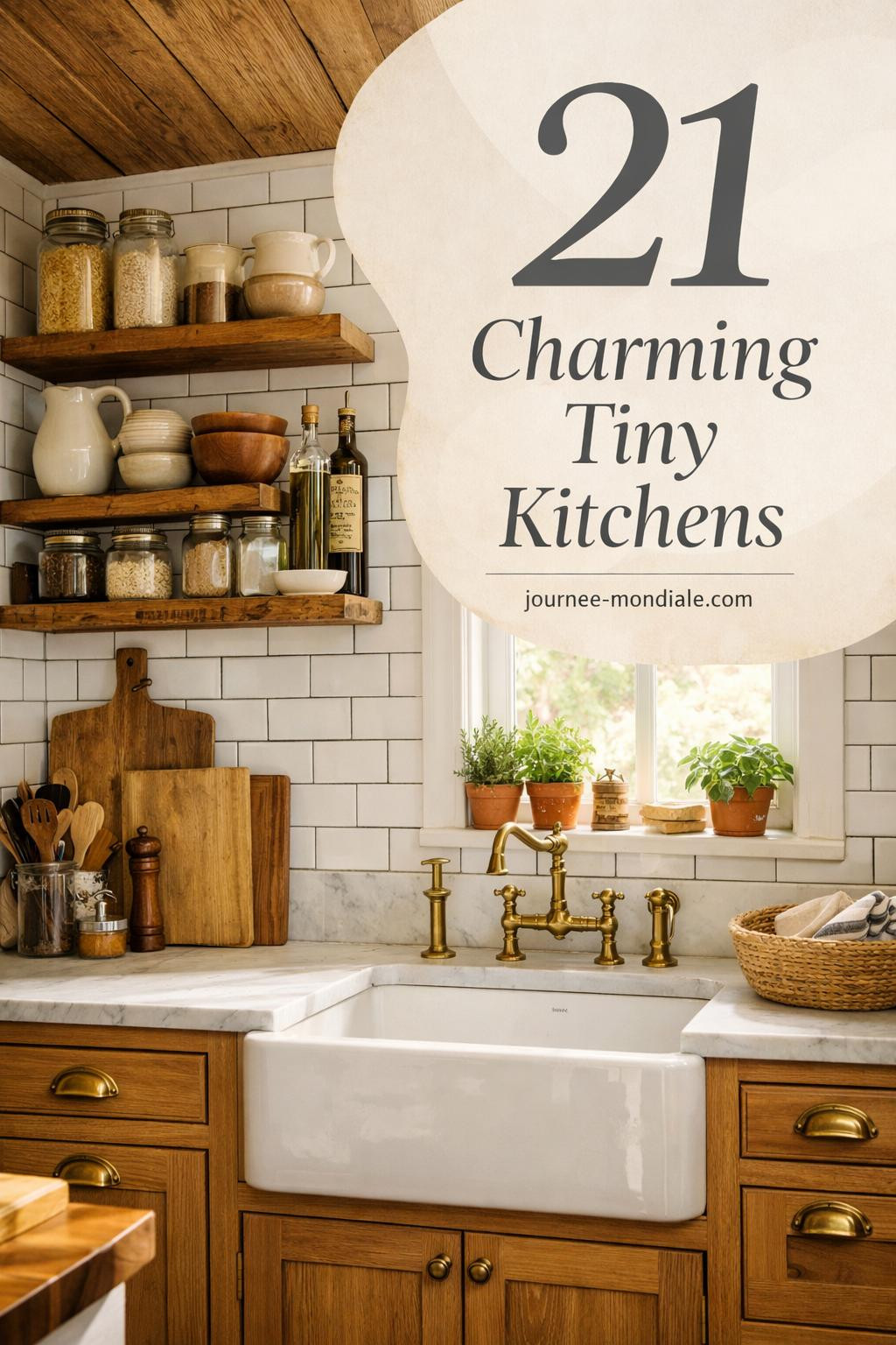 Compact farmhouse kitchen with European white oak millwork, honed Carrara marble counters, apron-front sink, open shelving of ceramics and vintage glass, subway tile backsplash, fresh herbs on windowsill, natural light flooding in, warm wood tones against white cabinetry, subtle cream overlay and elegant typography.