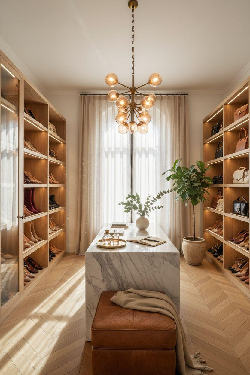 Closet shoe storage with chandelier lighting and glass shelves