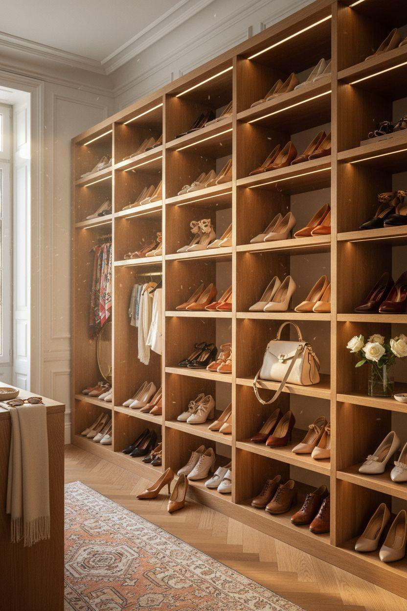 Closet shoe storage with illuminated niches and herringbone floors