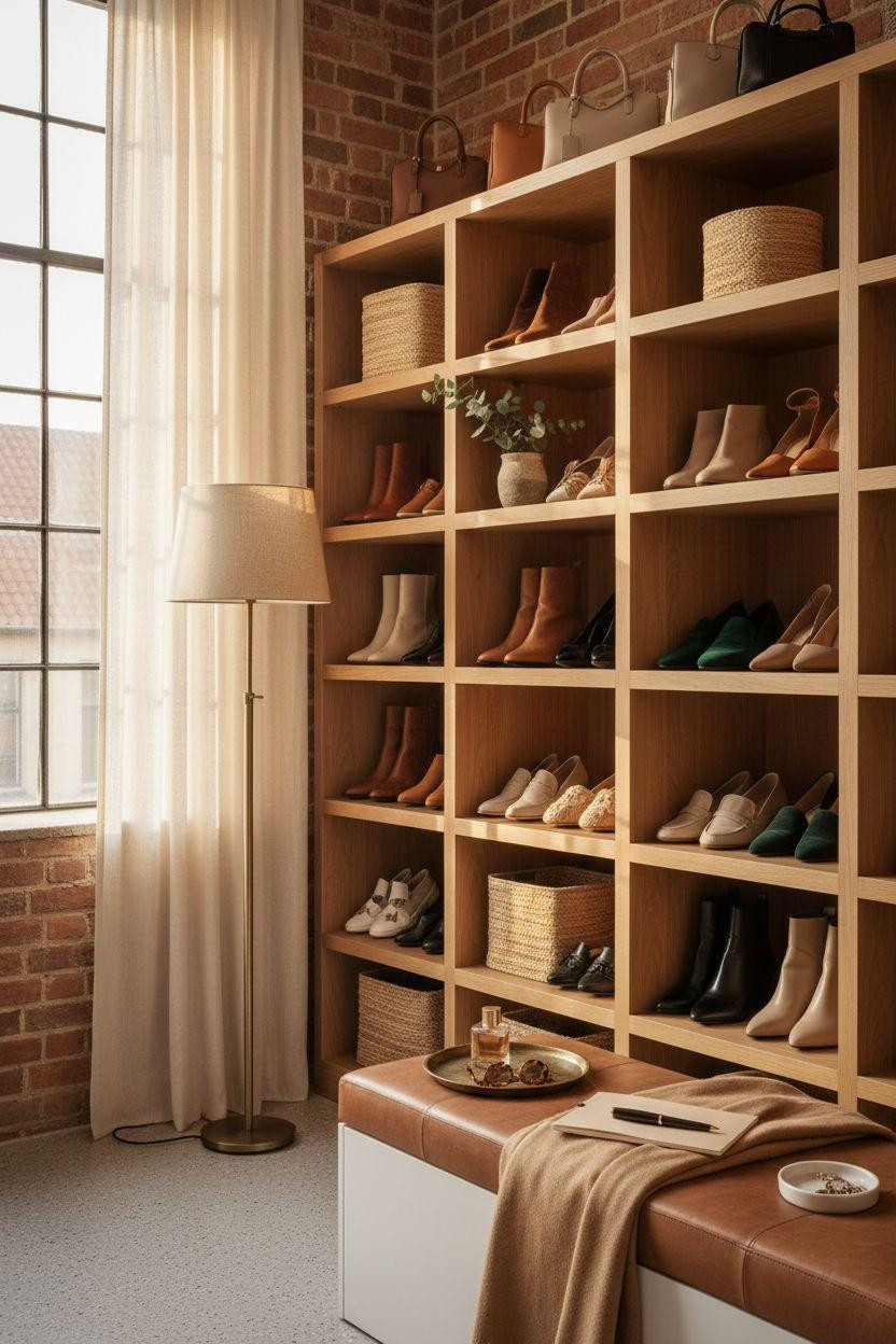 Closet shoe storage with handbag shelves and oak millwork