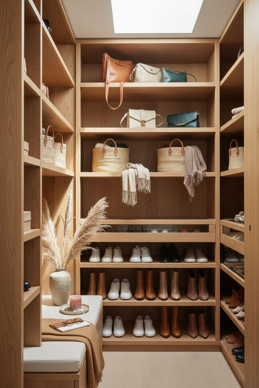 Closet shoe storage with open oak cubbies and brass lighting